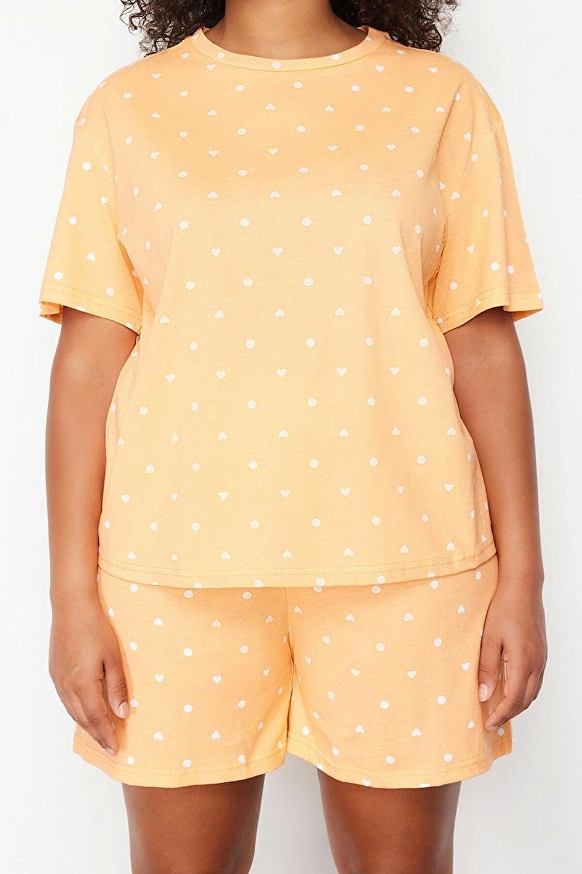 Büyük Beden Kadın Pamuklu Bisiklet Yaka Kısa Kol Ayıcık Baskılı Örme Pijama Takımı
