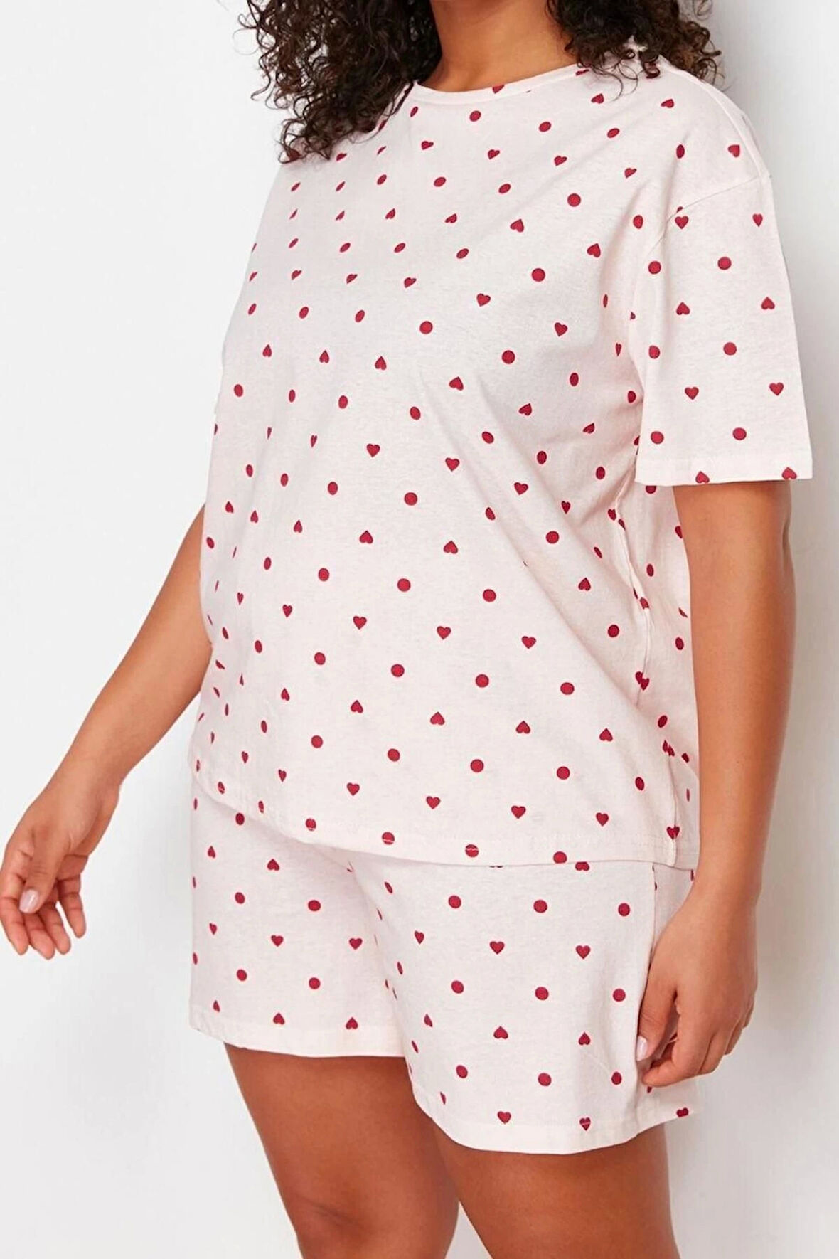 Büyük Beden Kadın Pamuklu Bisiklet Yaka Kısa Kol Ayıcık Baskılı Örme Pijama Takımı