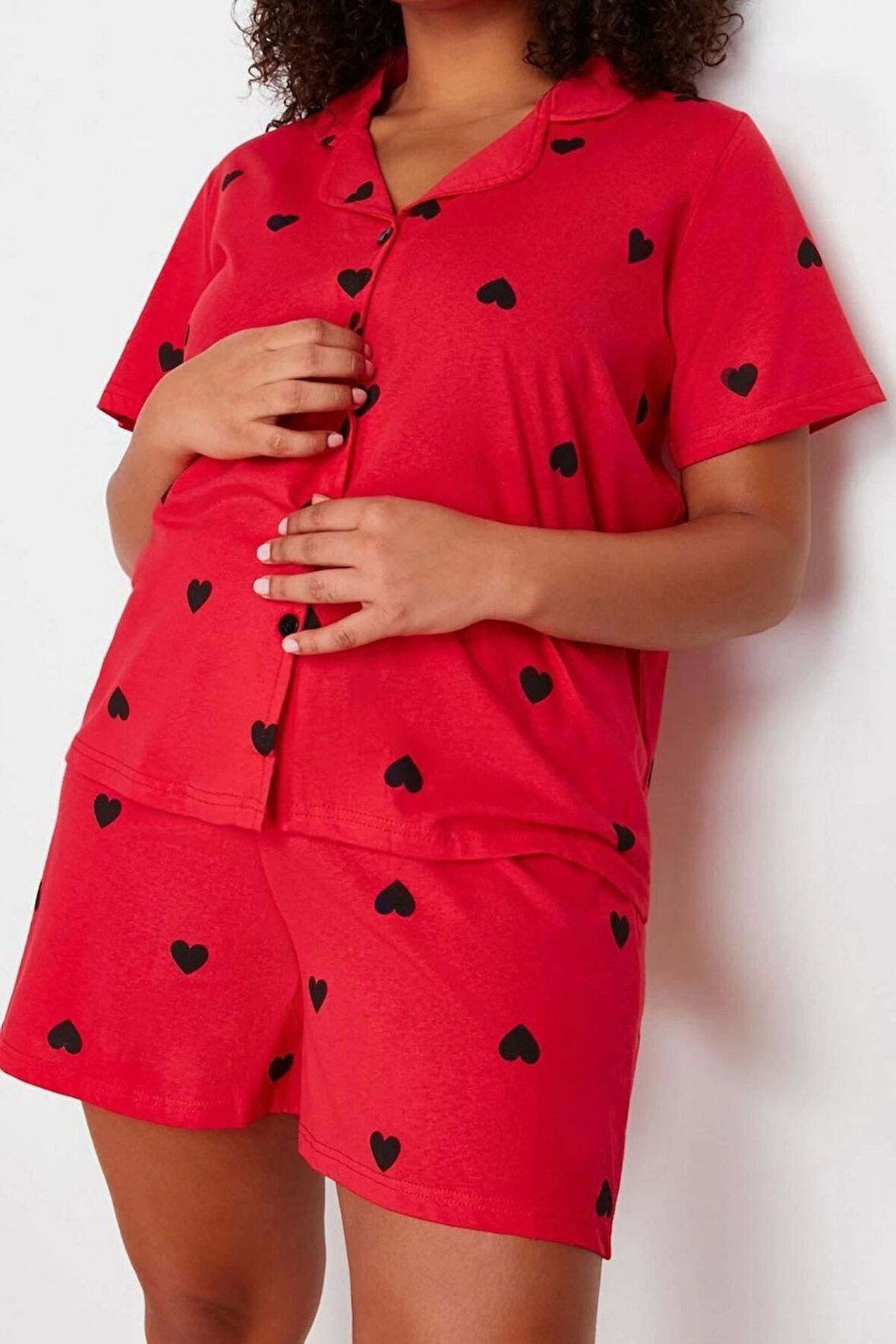 Büyük Beden Kadın Pamuklu Gömlek Yaka Kısa Kol Kalp Desenli Örme Pijama Takımı