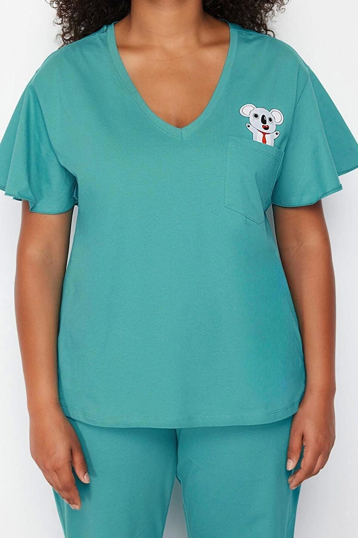 Büyük Beden Kadın Pamuklu V Yaka Kısa Kol Koala Baskılı Örme Pijama Takımı