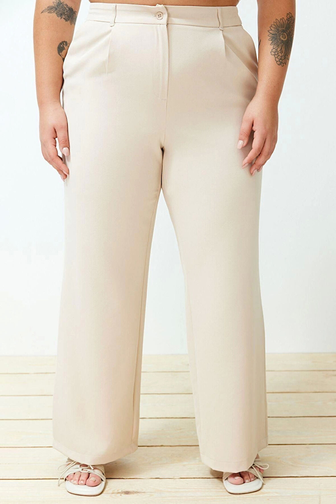 Kadın Yeni Moda Büyük Beden Geniş Paça Regular Boy Dokuma Yüksek Bel Geniş Paça Pilili Pantolon