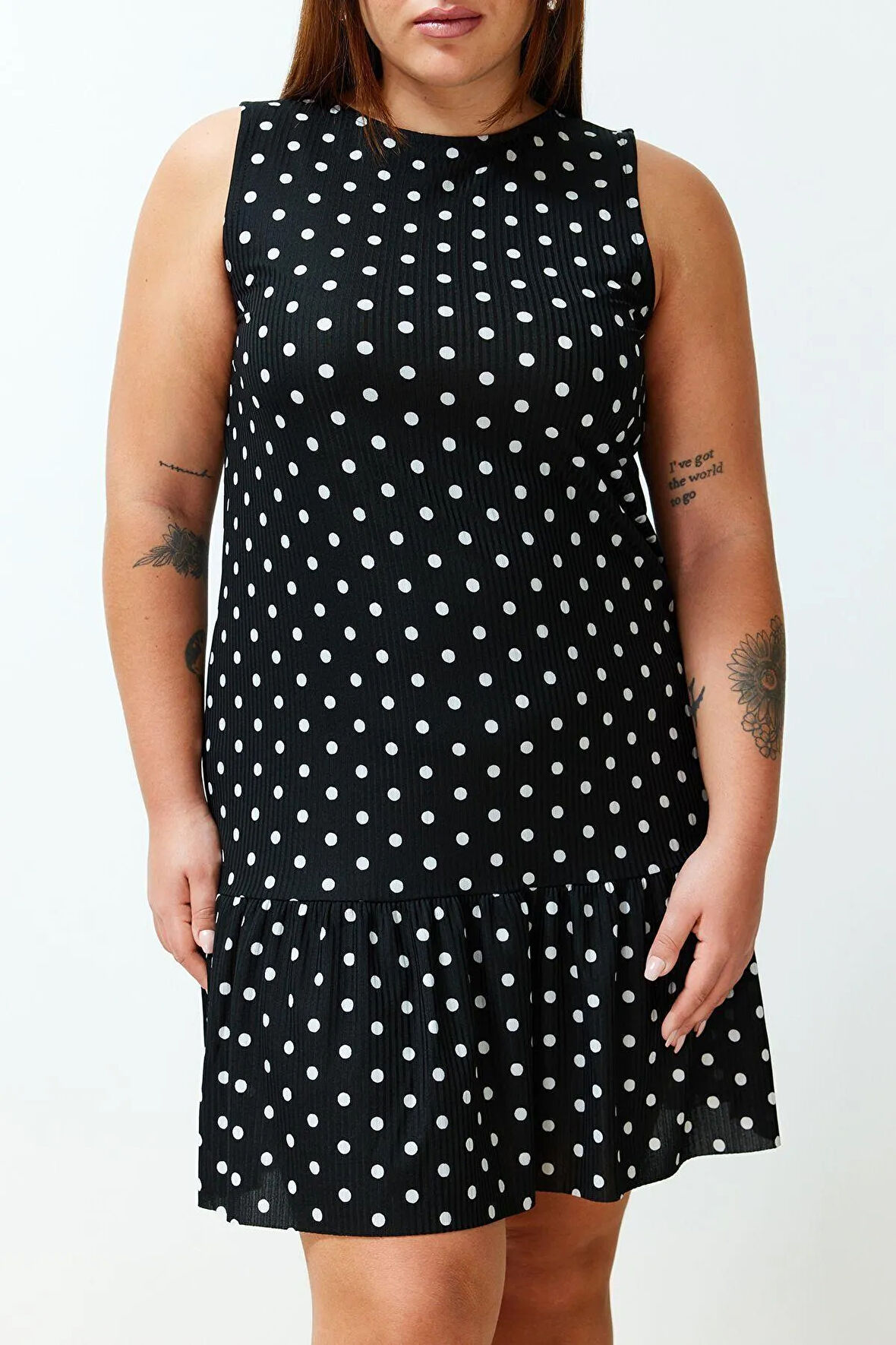 Yeni Rahat Günlük Kaşkorse Örme Bisiklet Yaka Kolsuz Kol Eteği Fırfırlı Mini Boy Büyük Beden Elbise