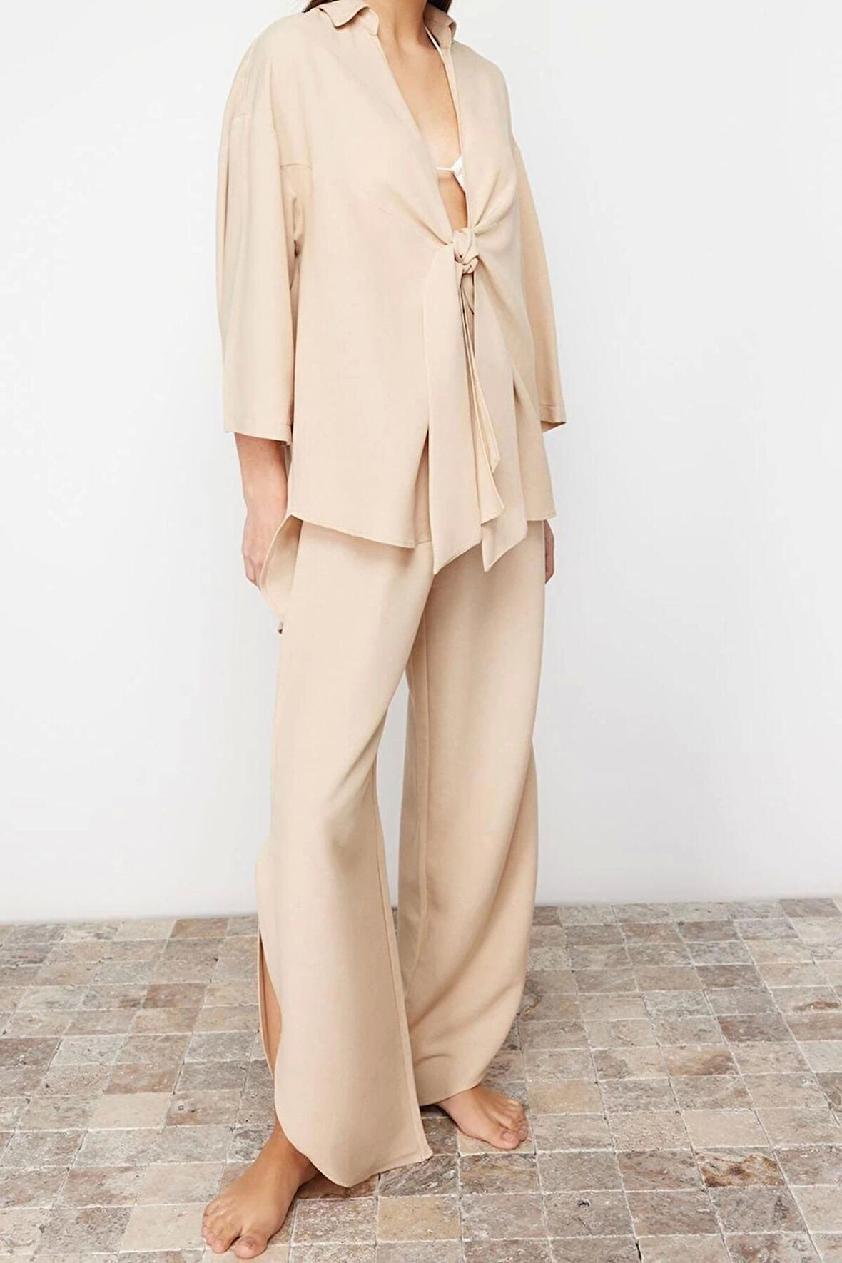 Kadın Moda Şık Regular Uzun Kollu Bej Dokuma Bağlamalı Keten karışımlı Gömlek Pantolon Takım