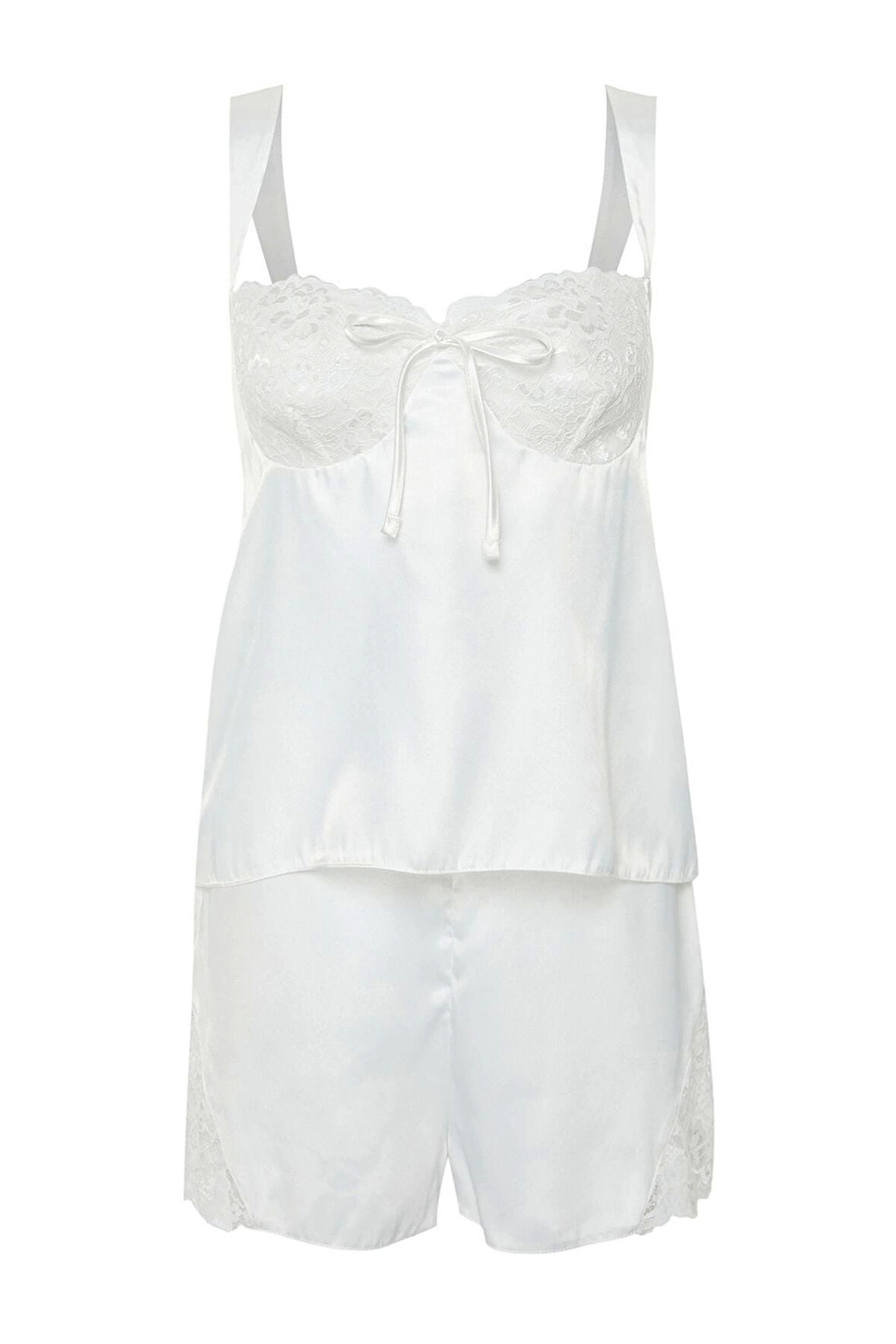 Kadın Polyester V Yaka Askılı Kol Bride Dantel Kurdele Fiyonk Detaylı Saten Dokuma Pijama Takımı
