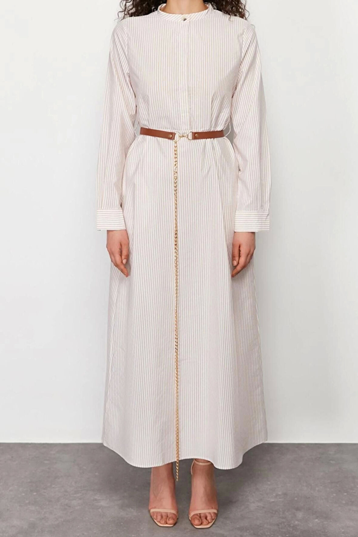 Yeni Regular Casual Günlük Terrycotton Dokuma Hakim Yaka Uzun Kol A-Line Maxi Boy Tesettür Elbise