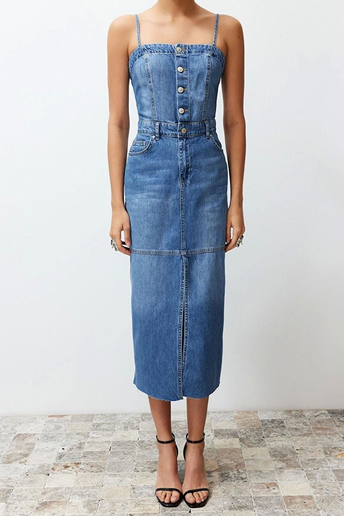 Yeni Fit Casual Günlük Rigid Denim Kare Yaka Askılı Kol Basic Maxi Boy Elbise