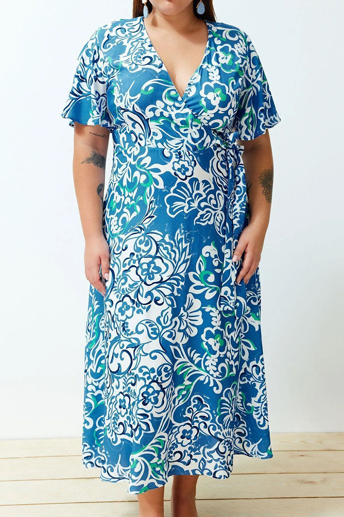 Yeni Rahat Casual Günlük Shally Dokuma Kruvaze Kısa Kol Anvelop Maxi Boy Büyük Beden Elbise