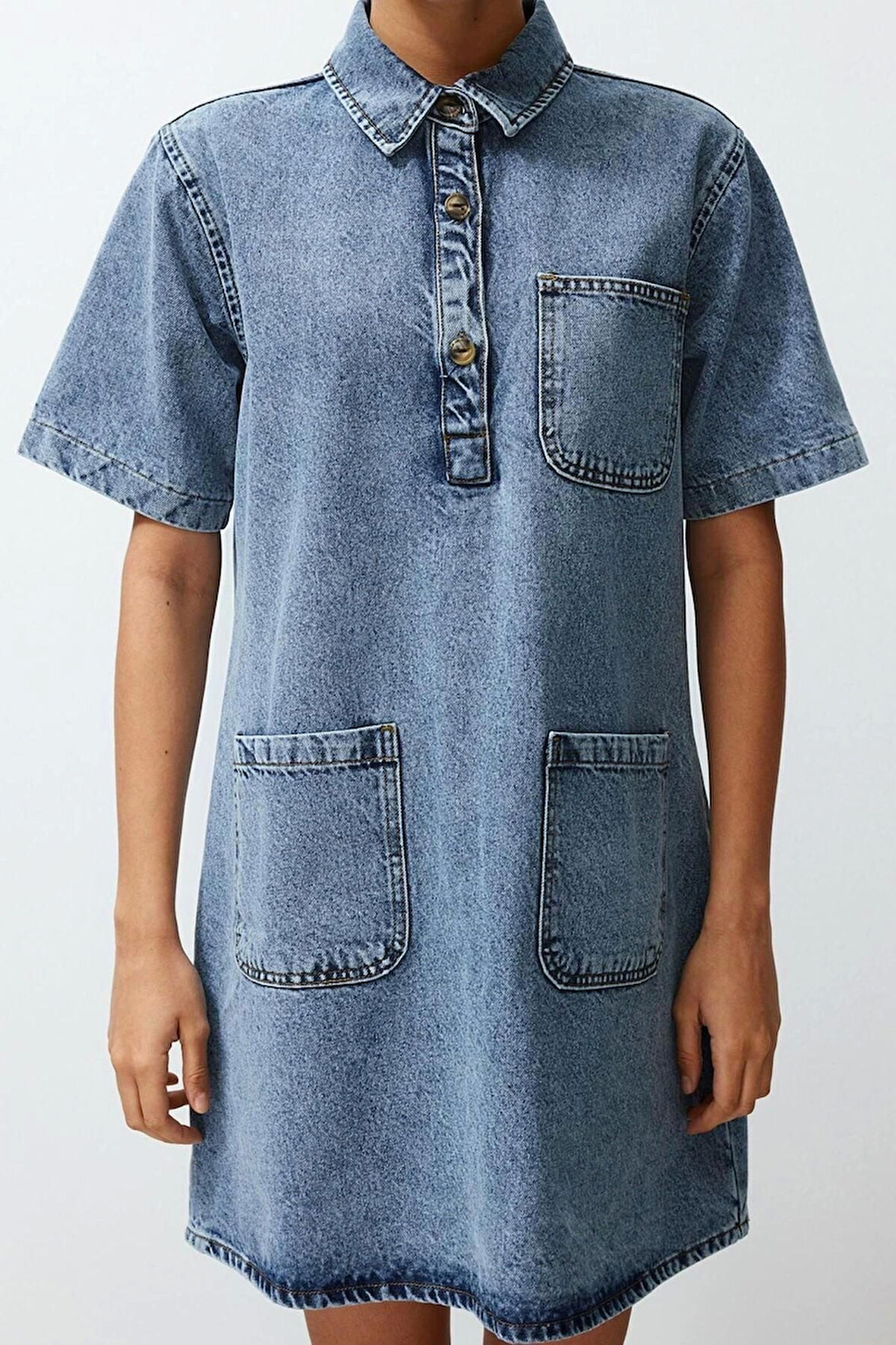 Yeni Regular Casual Günlük Rigid Denim Kare Yaka Kısa Kol Gömlek Elbise Mini Boy Elbise