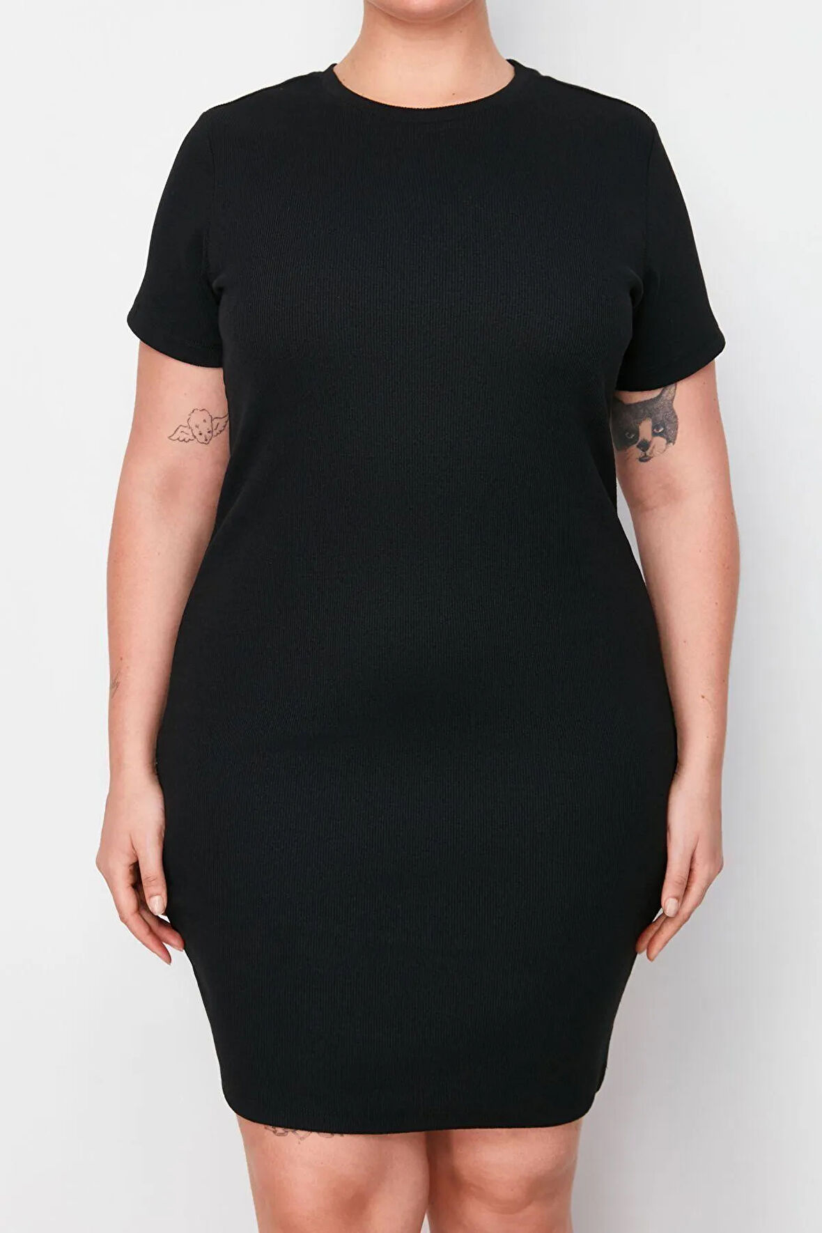 Yeni Fit Casual Günlük Kaşkorse Örme Bisiklet Yaka Kısa Kol Bodycone Mini Boy Büyük Beden Elbise