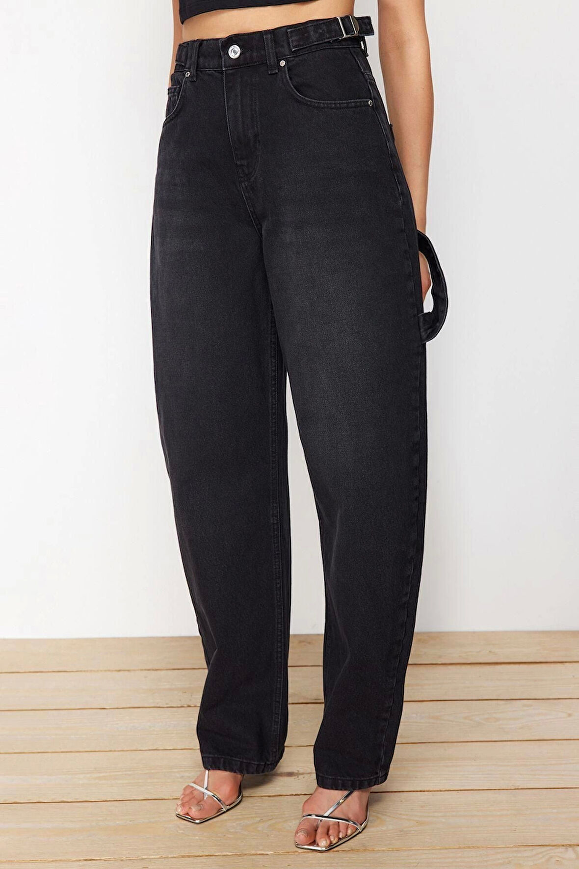 Kadın Moda Şık Kot Pantolon Boru Paça Regular Boy Denim Kahverengi Bol Kesim Yüksek Bel Jeans