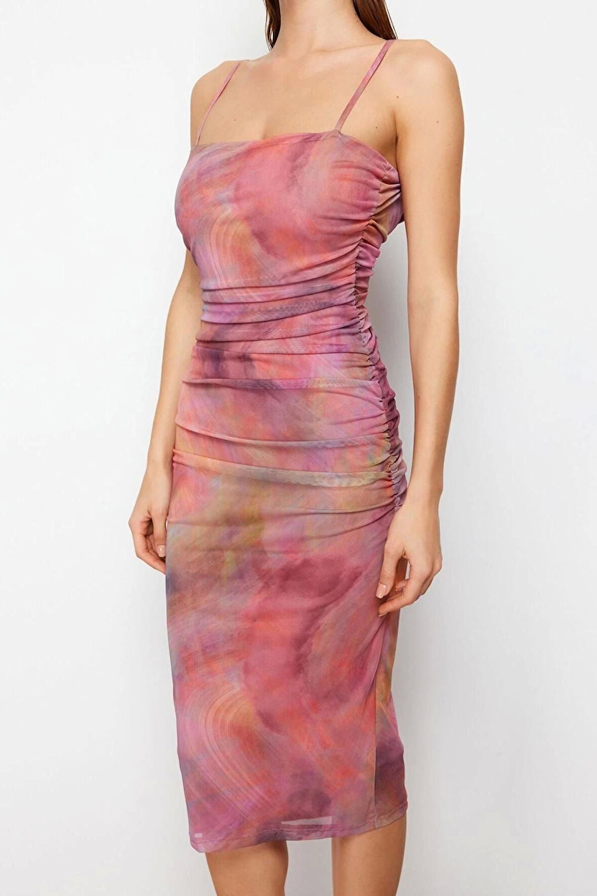 Yeni Fit Mezuniyet Balo Tül Örme Kare Yaka Askılı Kol Bodycone Midi Boy Elbise