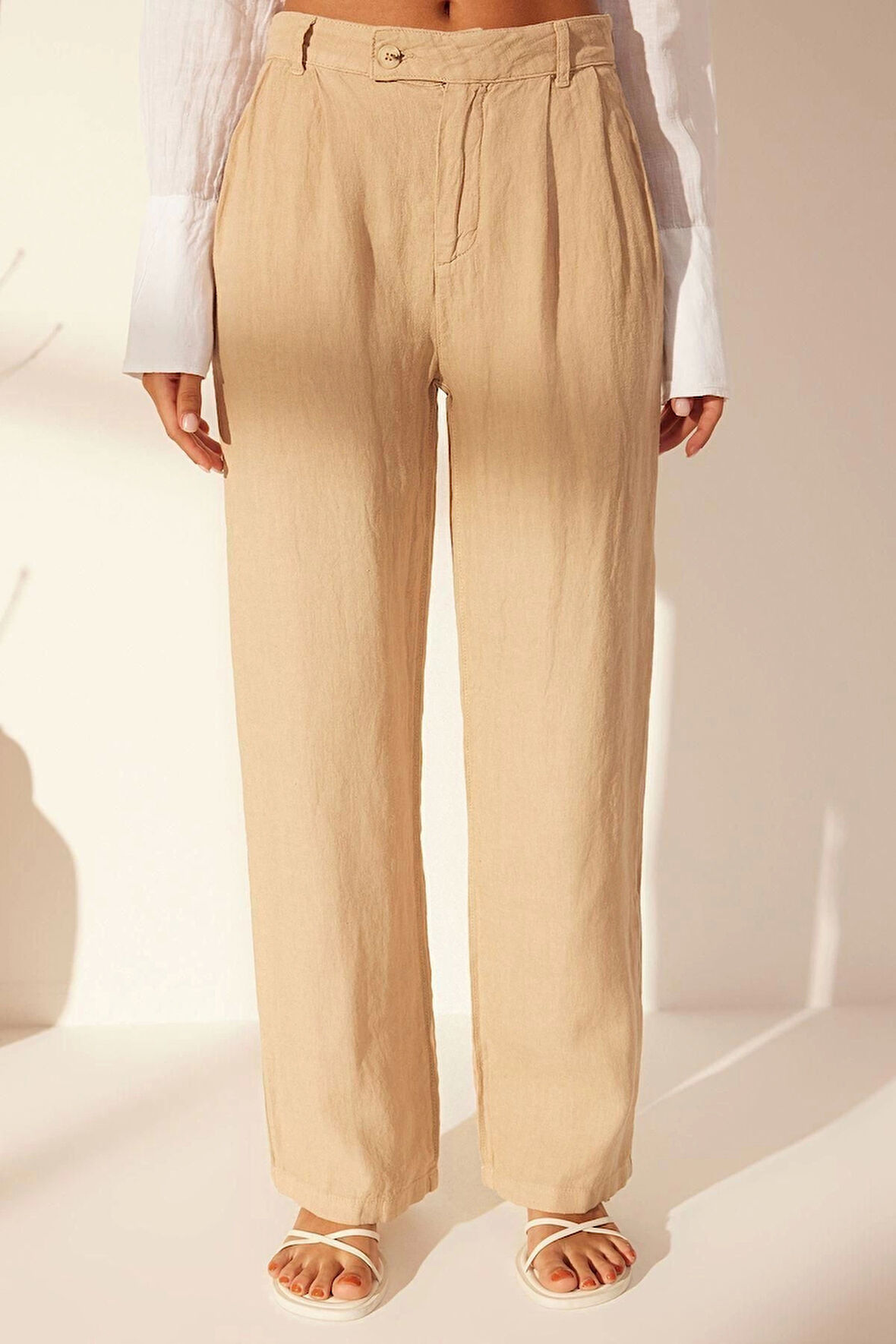 Kadın Yeni Moda Geniş Paça Uzun Boy Dokuma %100 Keten Pileli Yüksek Bel Wide Leg Pantolon