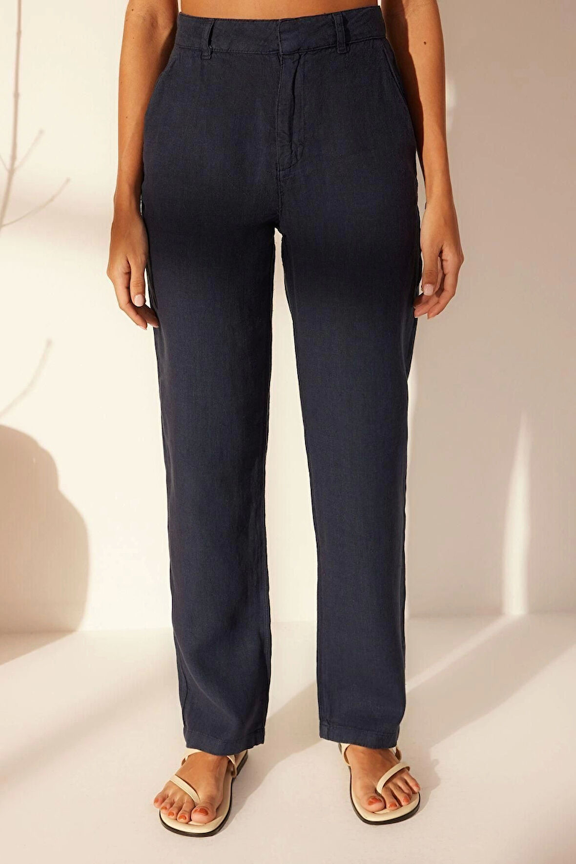 Kadın Yeni Moda Geniş Paça Uzun Boy Dokuma %100 Keten Yüksek Bel Wide Leg Pantolon