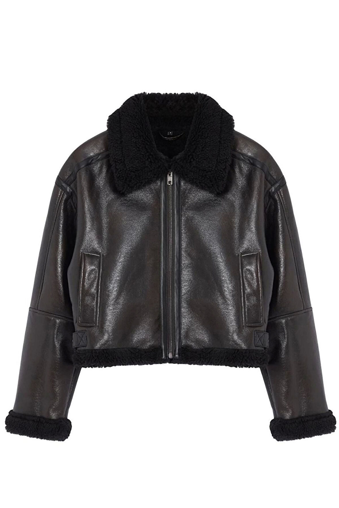 Kadın Moda Şık Oversize Gömlek Yaka Standart Düz Astarsız Peluş Detaylı Biker Ceket Mont