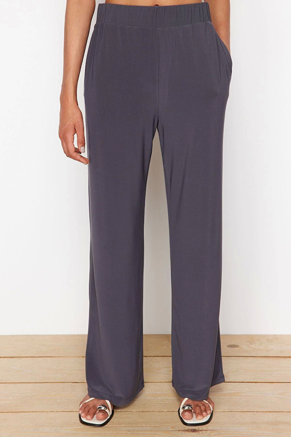 Kadın Moda Şık Geniş Paça Uzun Boy Uzun Kollu Carmen Yaka Esnek Örme Bluz Pantolon Alt-Üst Takım