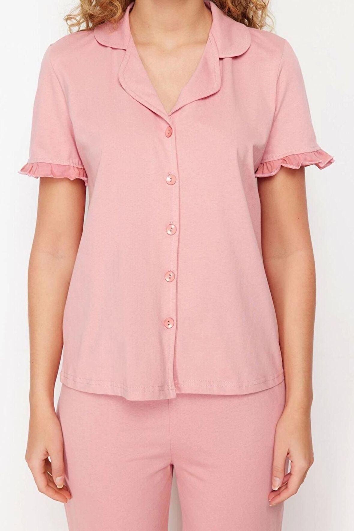 Kadın %100 Pamuk Gömlek Yaka Kısa Kol %100 Pamuk Fırfır Detaylı Örme Pijama Takımı