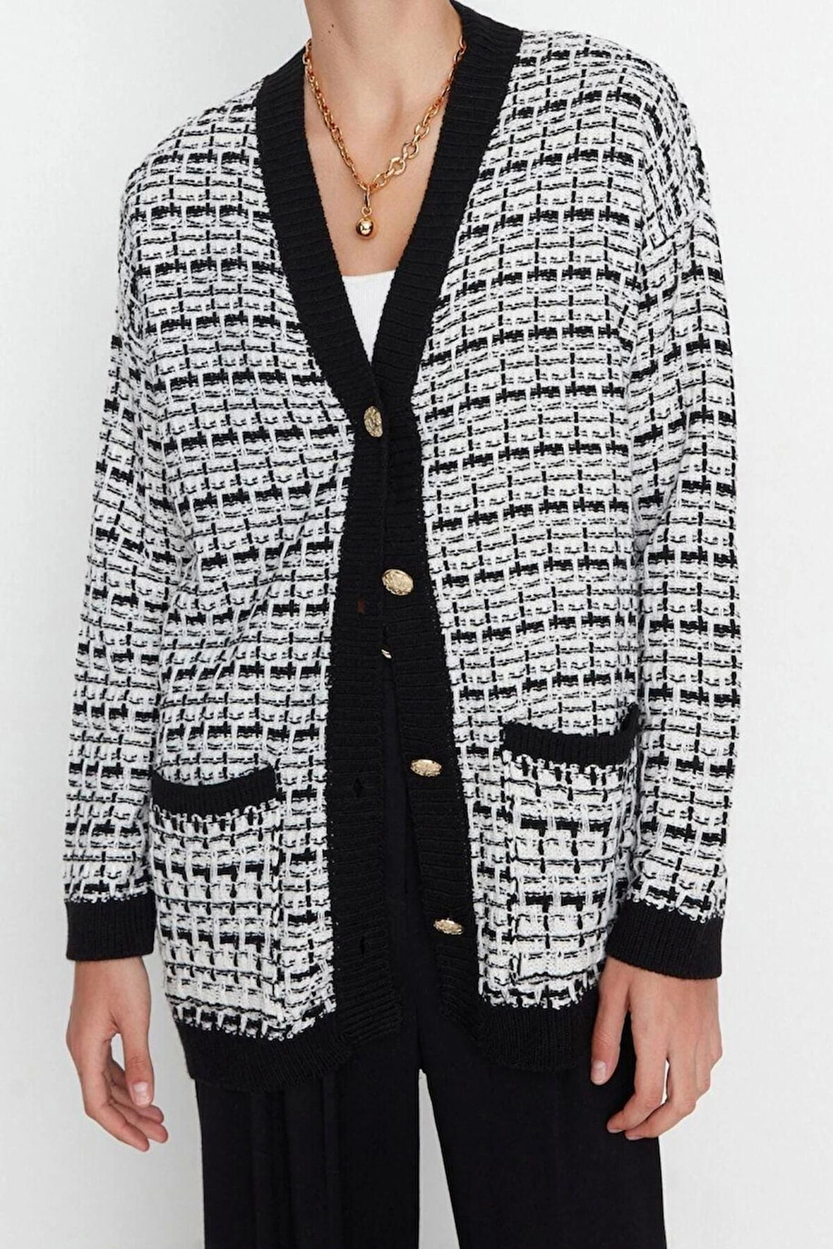 Kadın Moda Şık Midi V Yaka Uzun Kol Dokulu Geniş Kalıp Tüvit Görünümlü Simli Triko Hırka