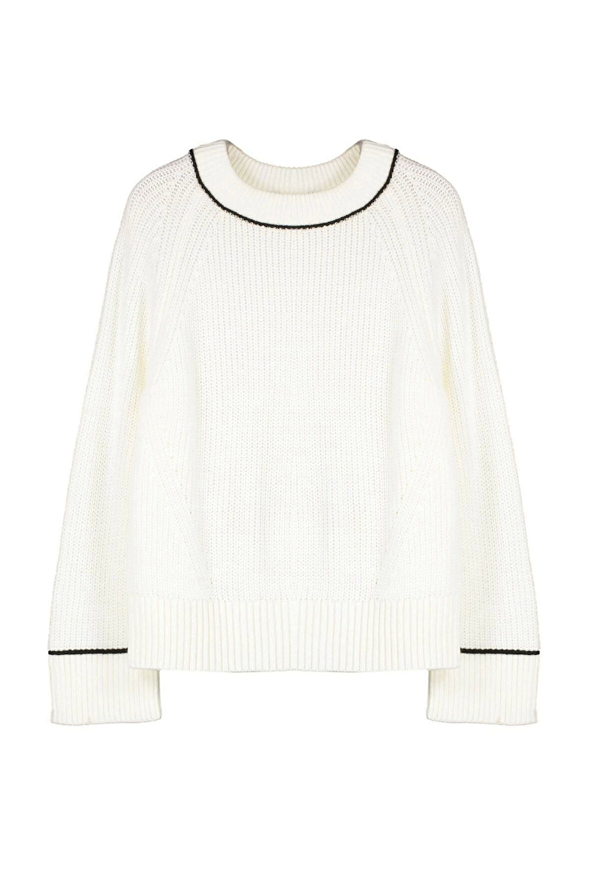 Kadın Moda Şık Bisiklet Yaka Standart Kol Regular Geniş Kalıp Biye Detaylı Triko Kazak