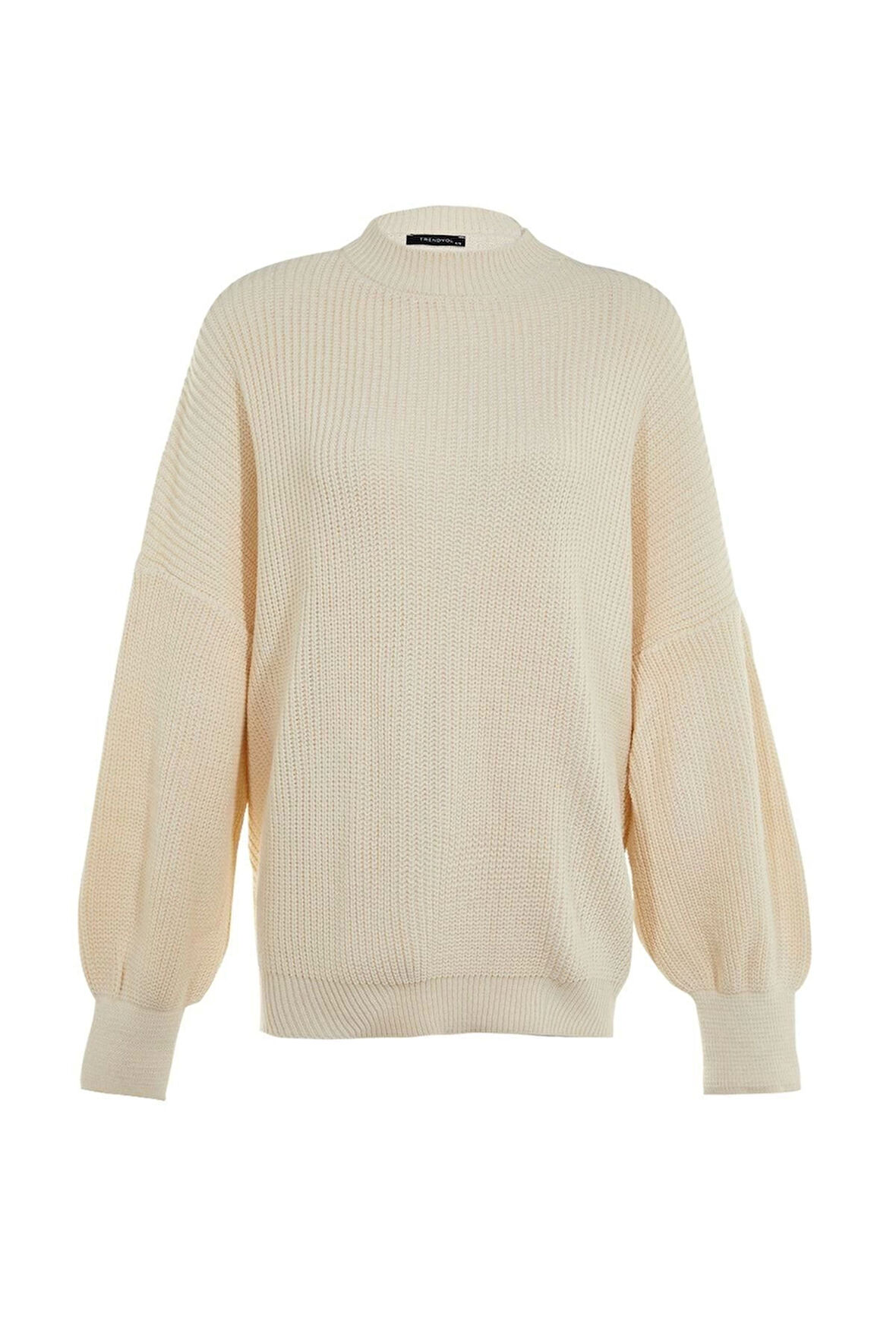 Kadın Moda Şık Bisiklet Yaka Balon Kol Regular Geniş Kalıp Basic Triko Kazak