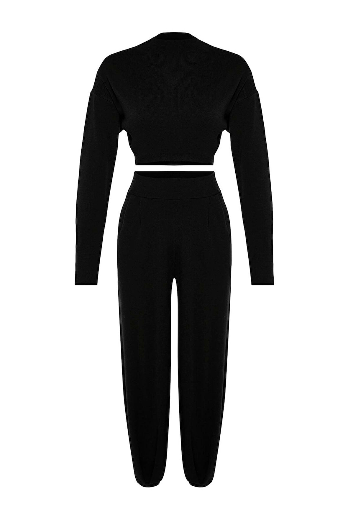 Kadın Moda Şık Regular Boy Uzun Kollu Süper Crop Jogger Pantolonlu Triko Alt-Üst Takım