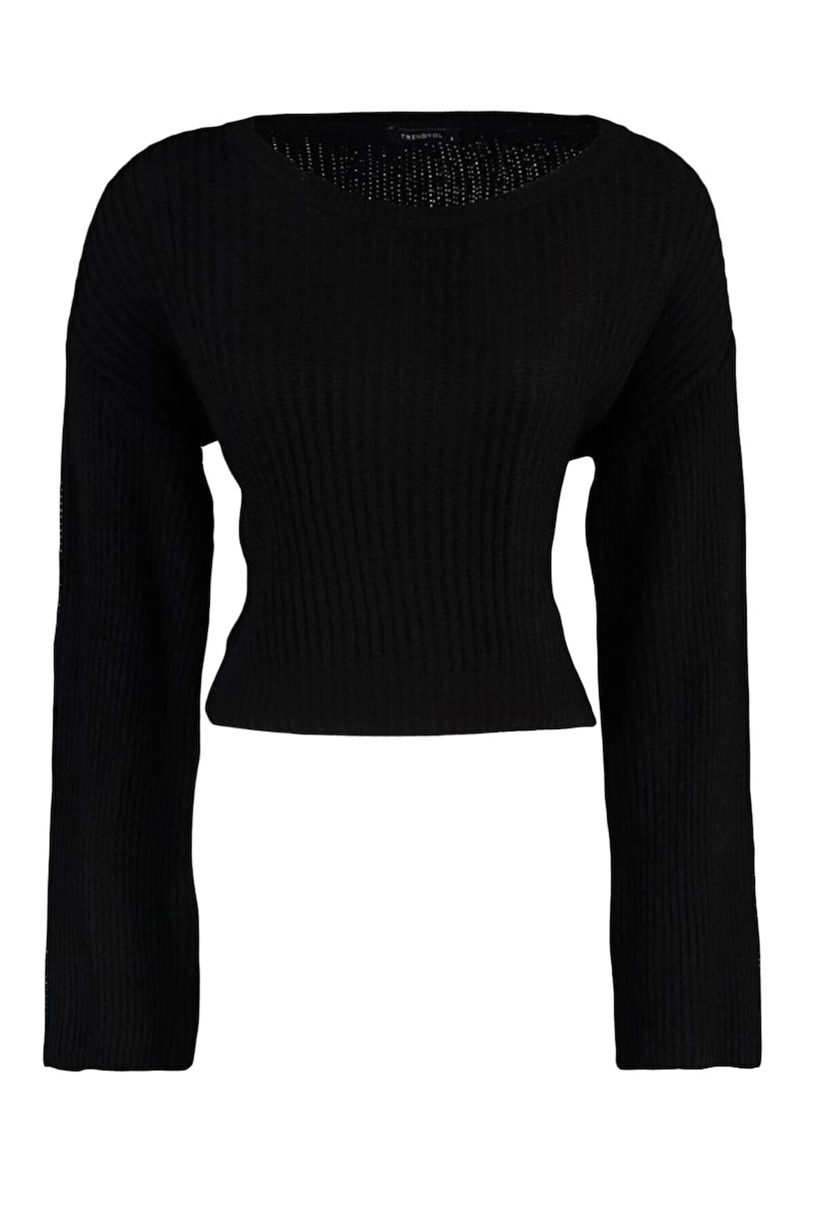 Kadın Moda Şık Crop Bisiklet Yaka Uzun Kol Düz Crop İspanyol Kol Triko Kazak