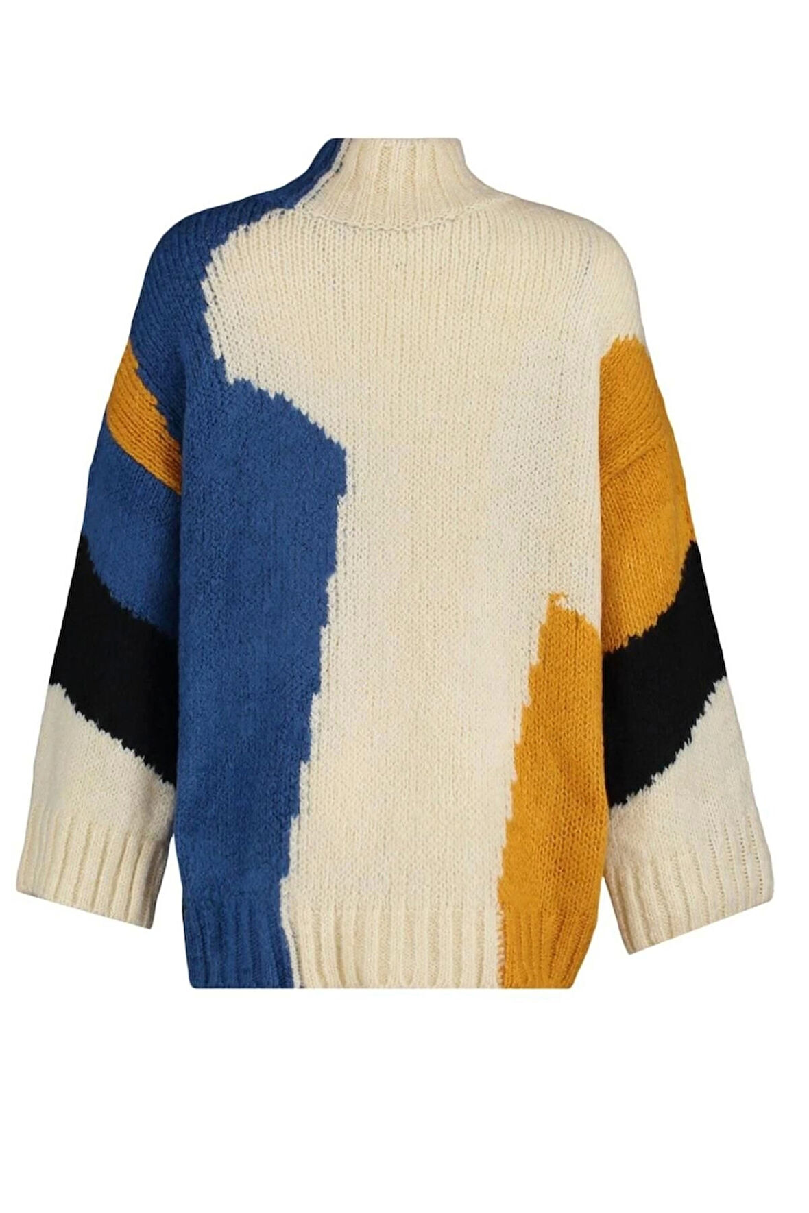 Kadın Moda Şık Regular Dik Yaka Uzun Kol Renk Bloklu Yumuşak Dokulu Geniş Kalıp Triko Kazak