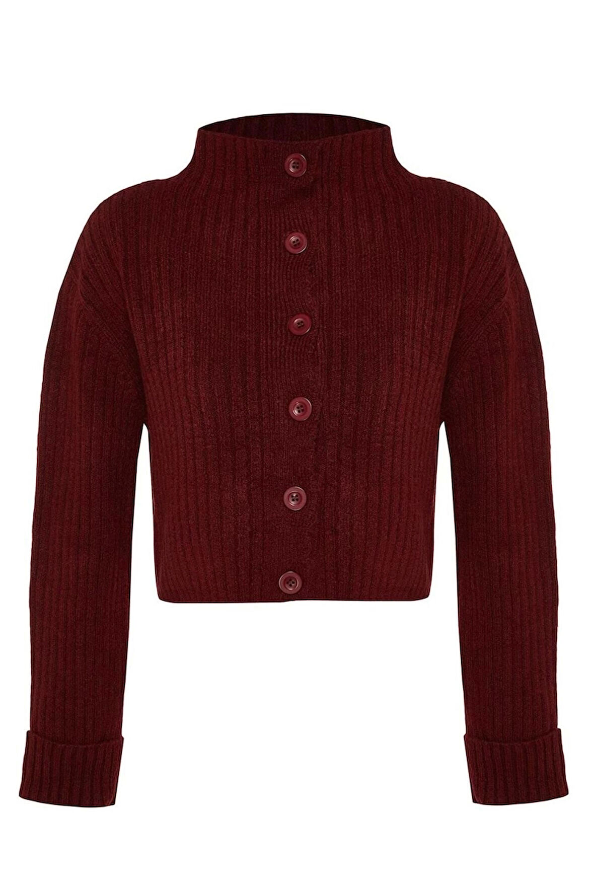 Kadın Moda Şık Crop Dik Yaka Uzun Kol Düz Crop Yumuşak Dokulu Dik Yaka Triko Hırka