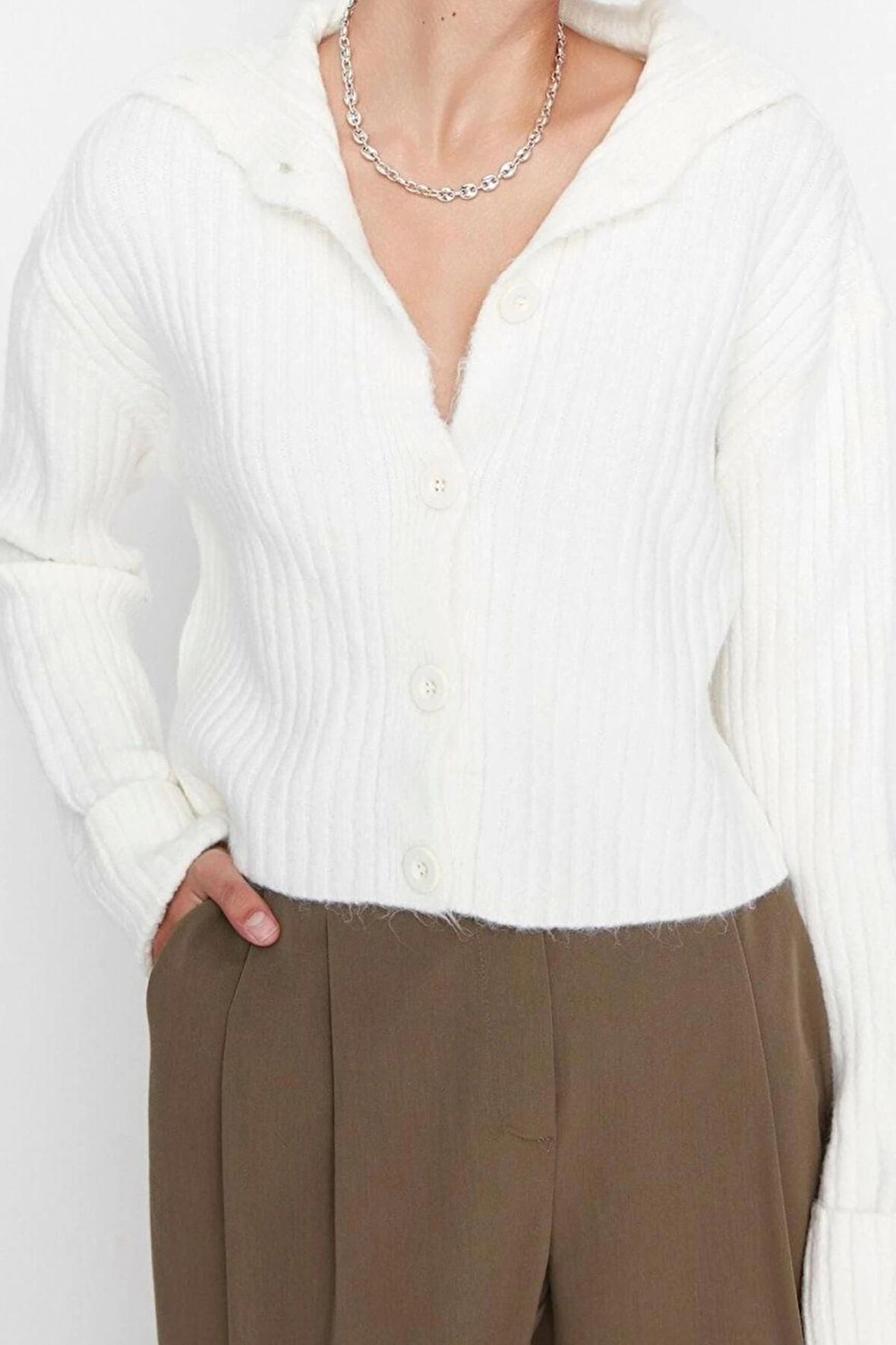 Kadın Moda Şık Crop Dik Yaka Uzun Kol Düz Crop Yumuşak Dokulu Dik Yaka Triko Hırka