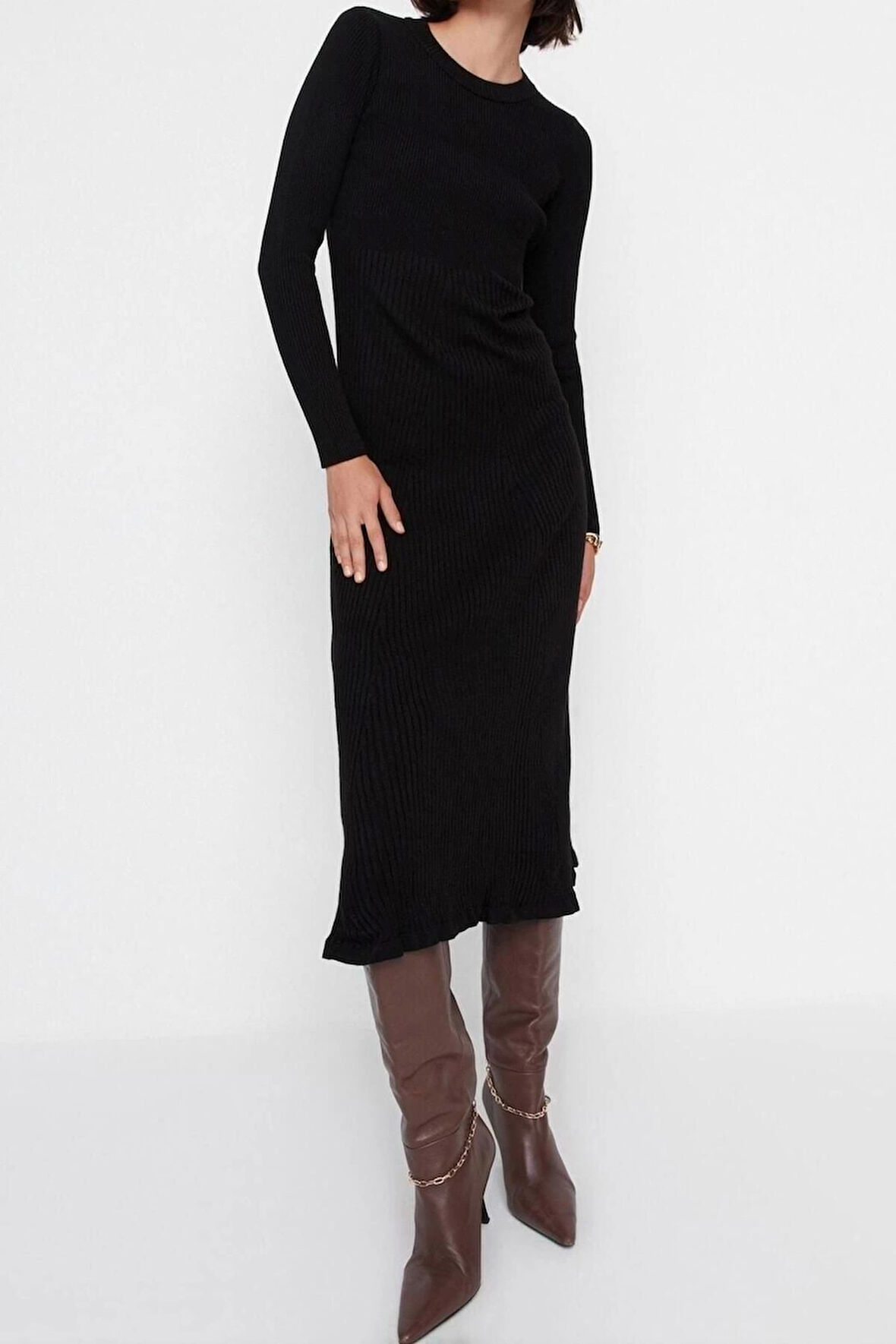 Yeni Slim Casual Günlük Tek Plaka Triko Bisiklet Yaka Uzun Kol Bodycone Midi Boy Elbise