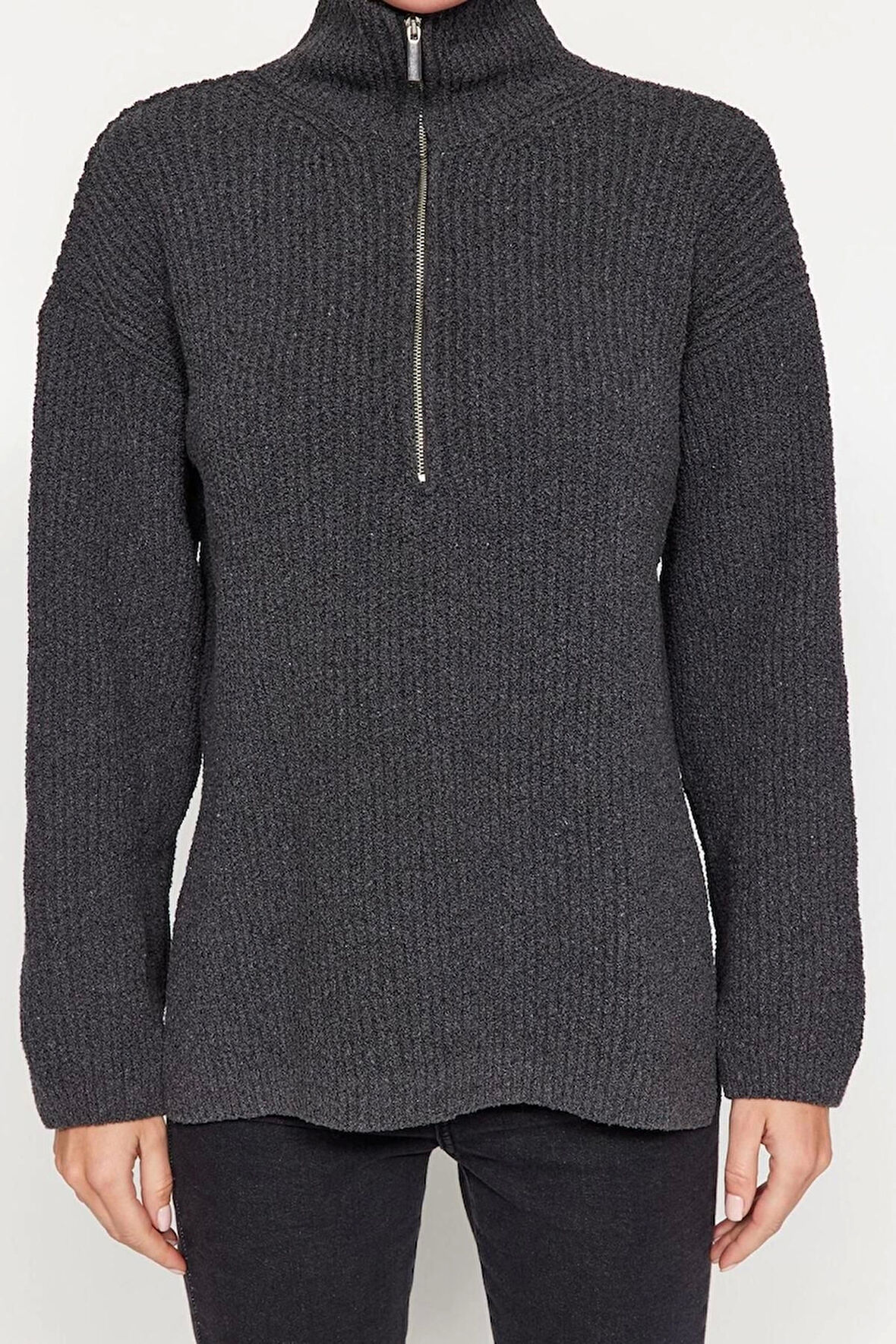 Kadın Moda Şık Regular Dik Yaka Uzun Kol Düz More Sustainable Geniş Kalıp Triko Kazak