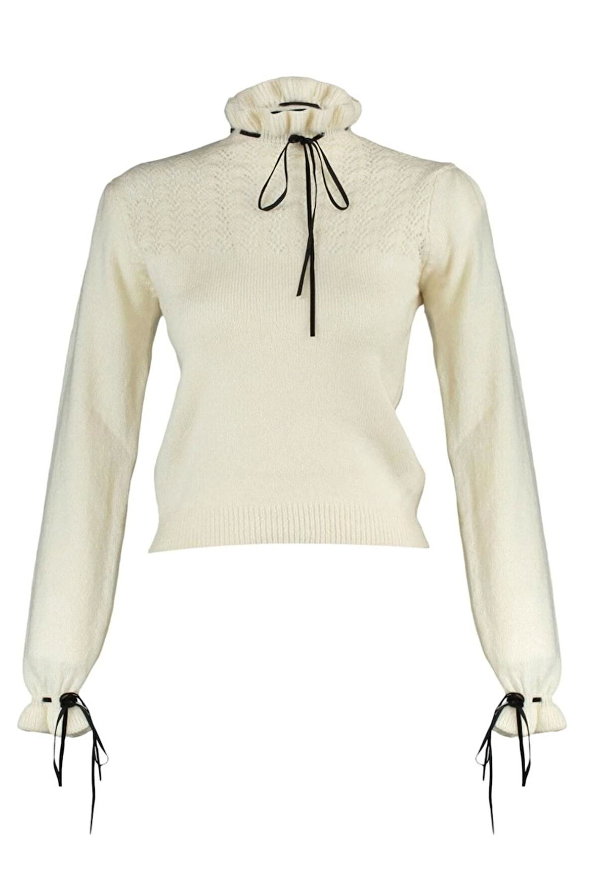 Kadın Regular Dik Yaka Uzun Kol Ajurlu Yumuşak Dokulu Delikli Kurdele Fiyonk Detaylı Triko Kazak