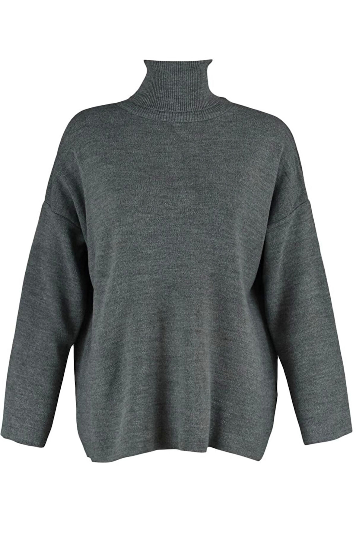 Kadın Moda Şık Regular Balıkçı Yaka Uzun Kol Düz Geniş Kalıp Basic Triko Kazak