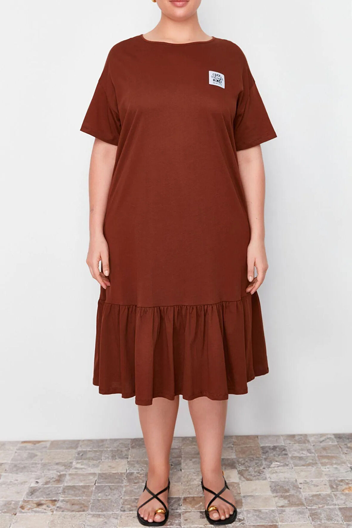 Yeni Rahat Günlük Süprem Örme Bisiklet Yaka Kısa Kol T-Shirt Elbise Midi Boy Büyük Beden Elbise