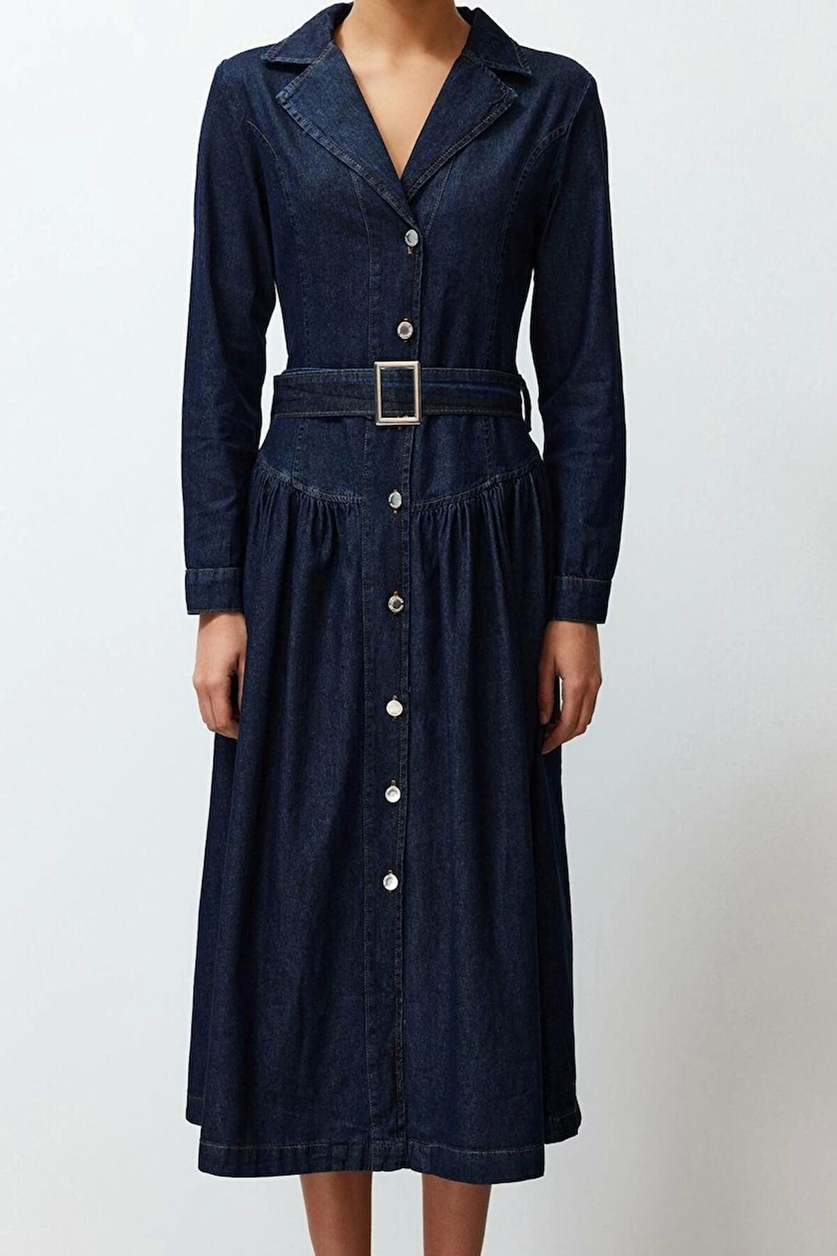 Kadın Moda Şık Maxi Boy Gömlek Yaka Oversize Kemerli Denim Elbise