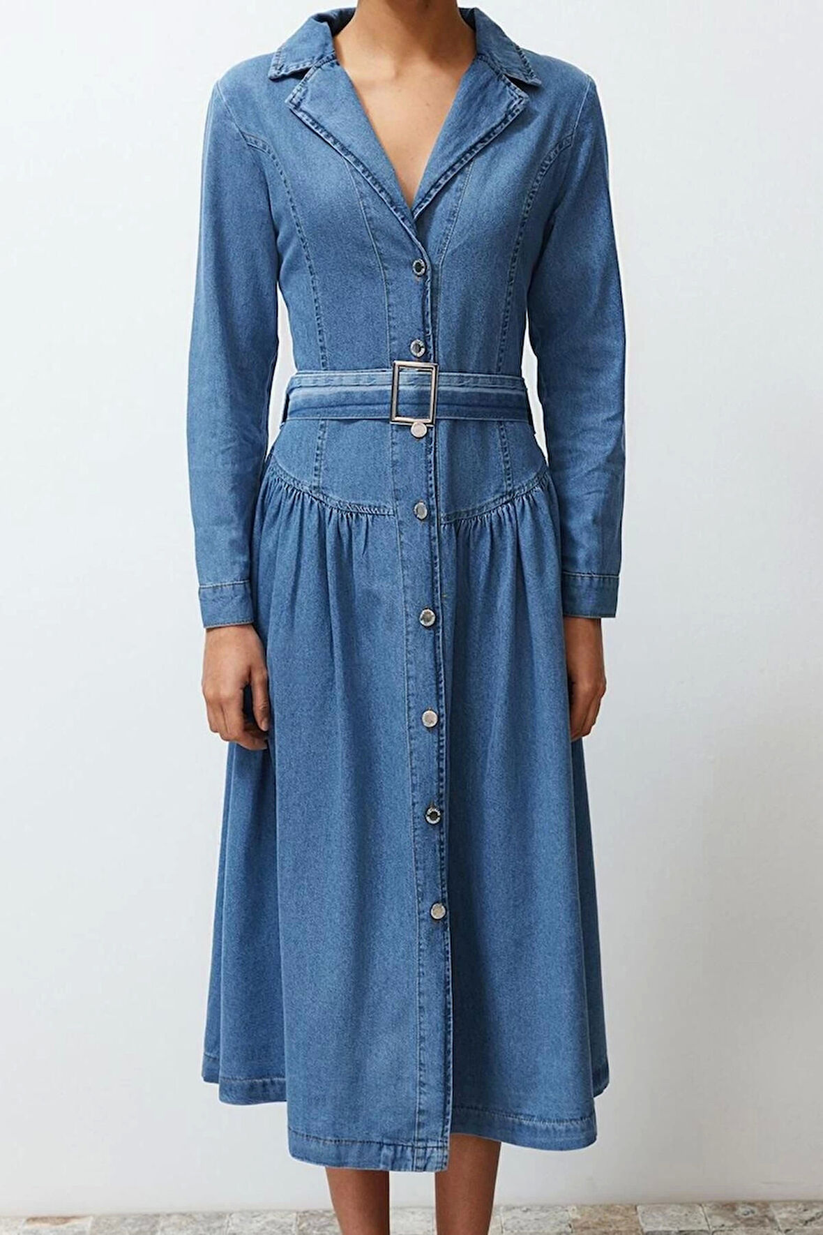 Kadın Moda Şık Maxi Boy Gömlek Yaka Oversize Kemerli Denim Elbise