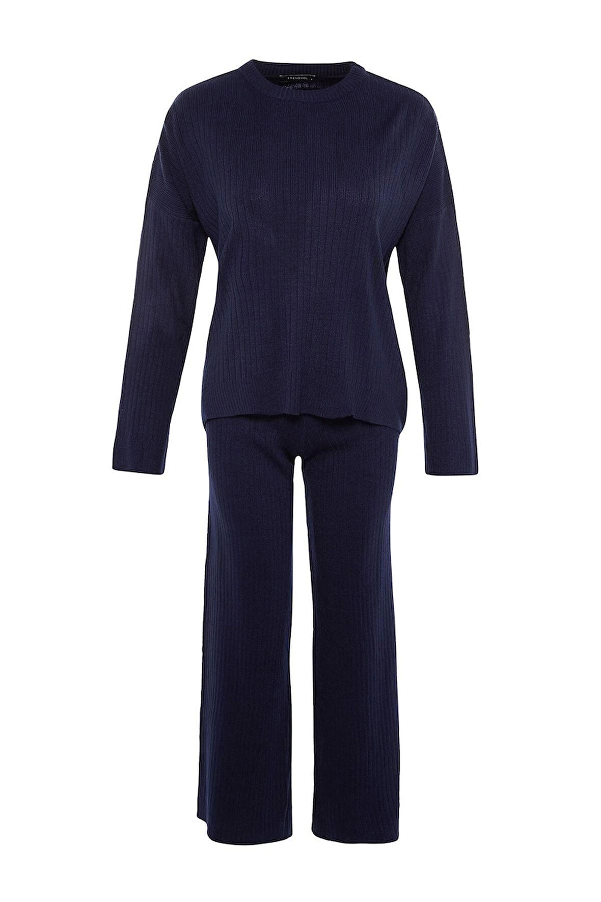 Kadın Moda Şık Boru Paça Regular Boy Uzun Kollu Basic Bisiklet Yaka Triko Alt-Üst Takım