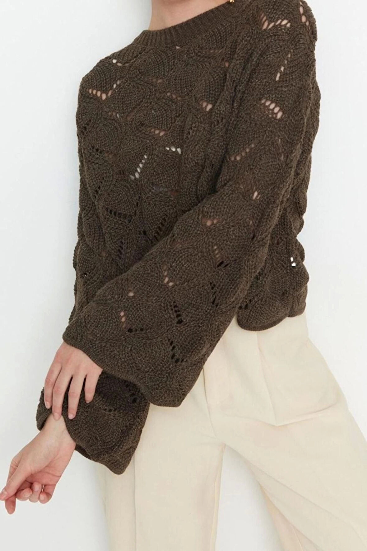 Kadın Moda Şık Regular Bisiklet Yaka Uzun Kol Ajurlu Delikli Triko Kazak