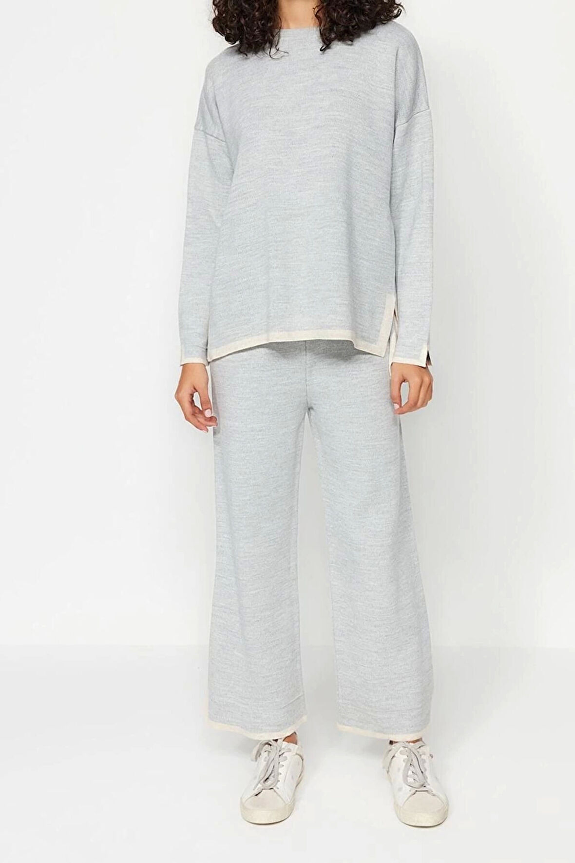 Kadın Moda Şık Regular Boy Uzun Kollu Geniş Kalıp Kontrast Renkli Triko Alt-Üst Takım