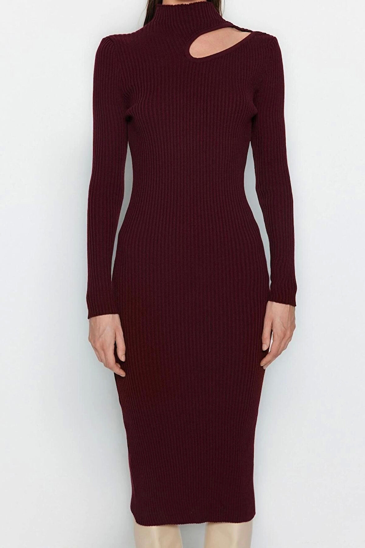 Yeni Slim Casual Günlük Fitilli Triko Dik Yaka Uzun Kol Bodycone Midi Boy Elbise