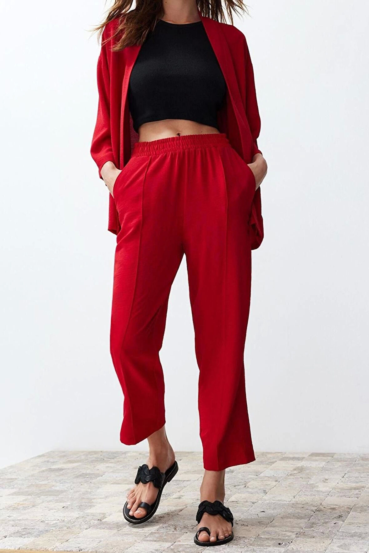 Kadın Moda Şık Regular Boy Uzun Kollu Dokuma Kimono-Pantolon Takım