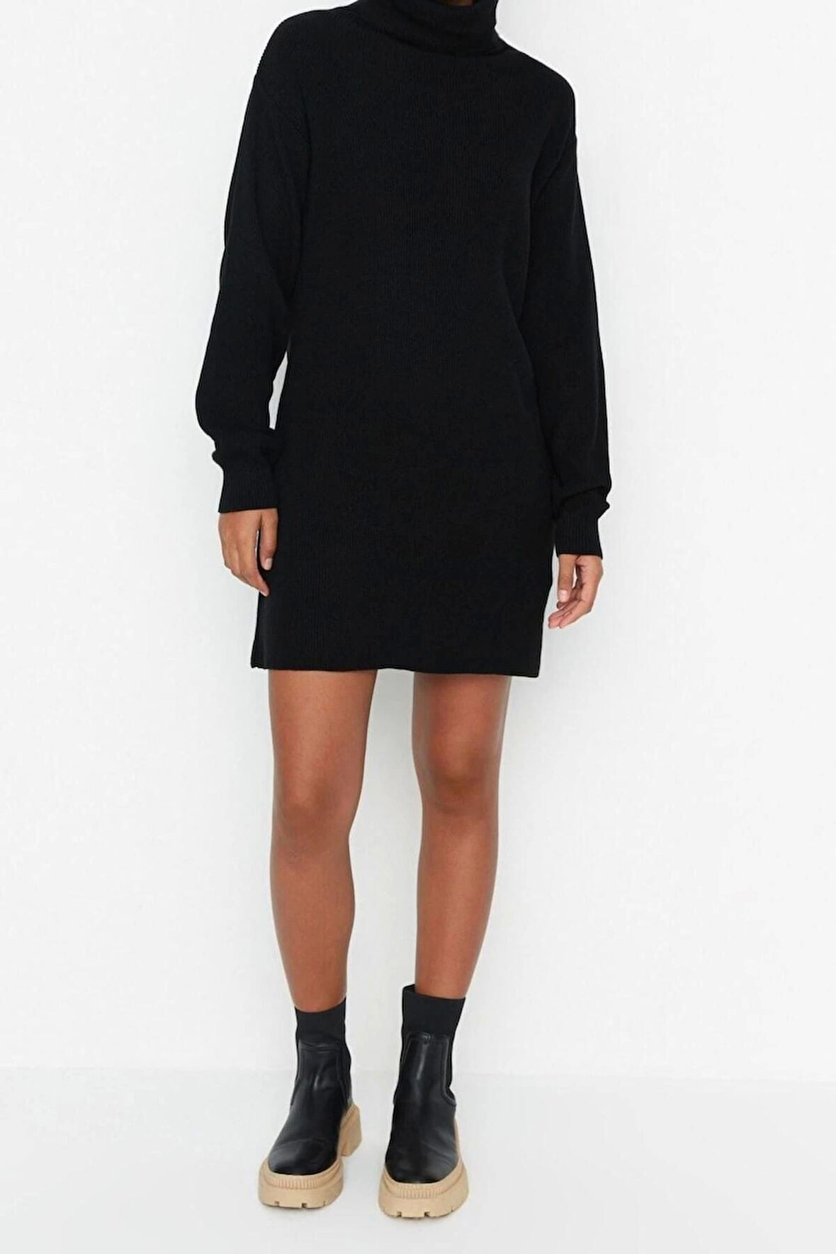 Yeni Oversize Casual Günlük Fitilli Triko Balıkçı Yaka Uzun Kol Kazak Elbise Mini Boy Elbise