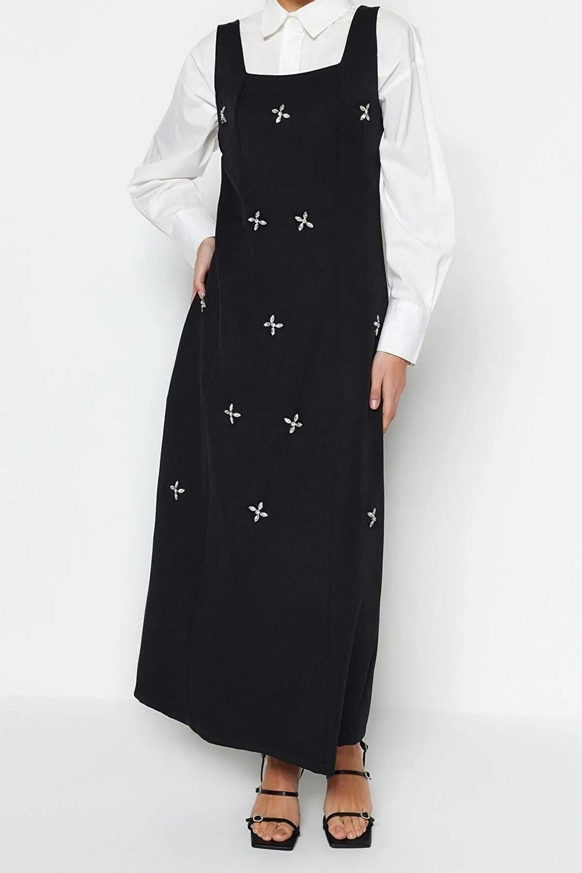 Yeni Jile Casual Günlük Finike Dokuma Kare Yaka Kolsuz Kol Jile Maxi Boy Tesettür Elbise