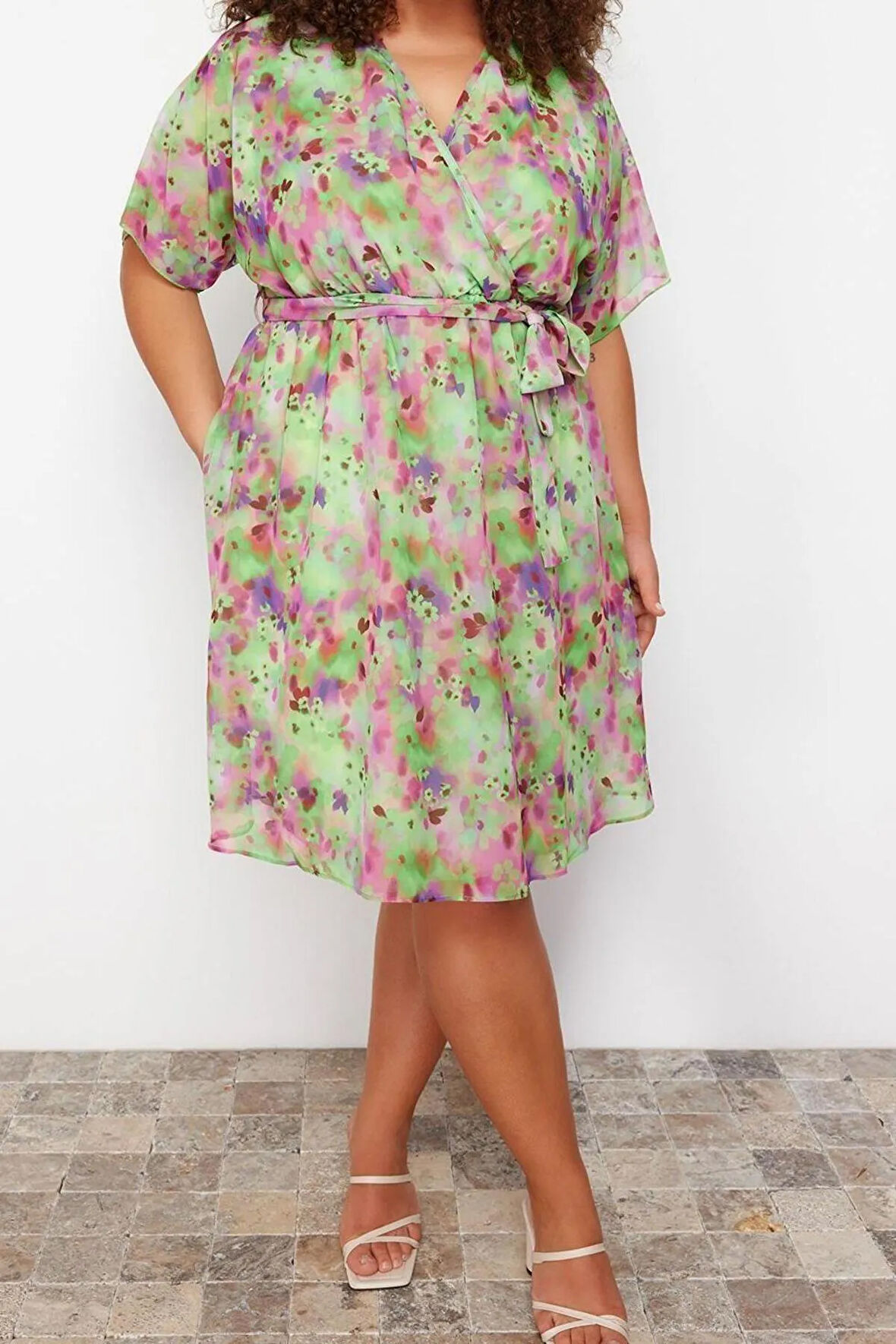 Yeni Rahat Casual Günlük Şifon Dokuma Kruvaze Kısa Kol A-Line Mini Boy Büyük Beden Elbise