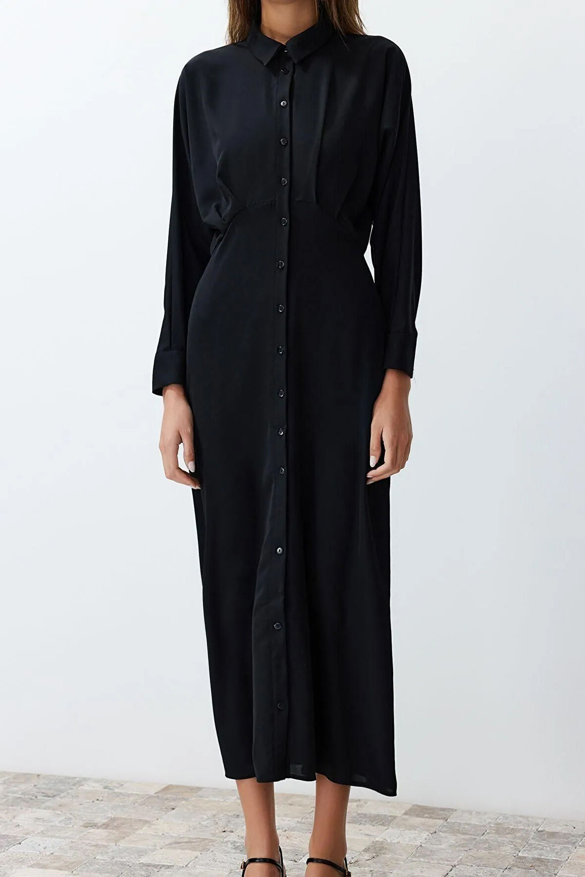 Yeni Regular Günlük Jessica Dokuma Gömlek Yaka Uzun Kol Gömlek Elbise Maxi Boy Tesettür Elbise