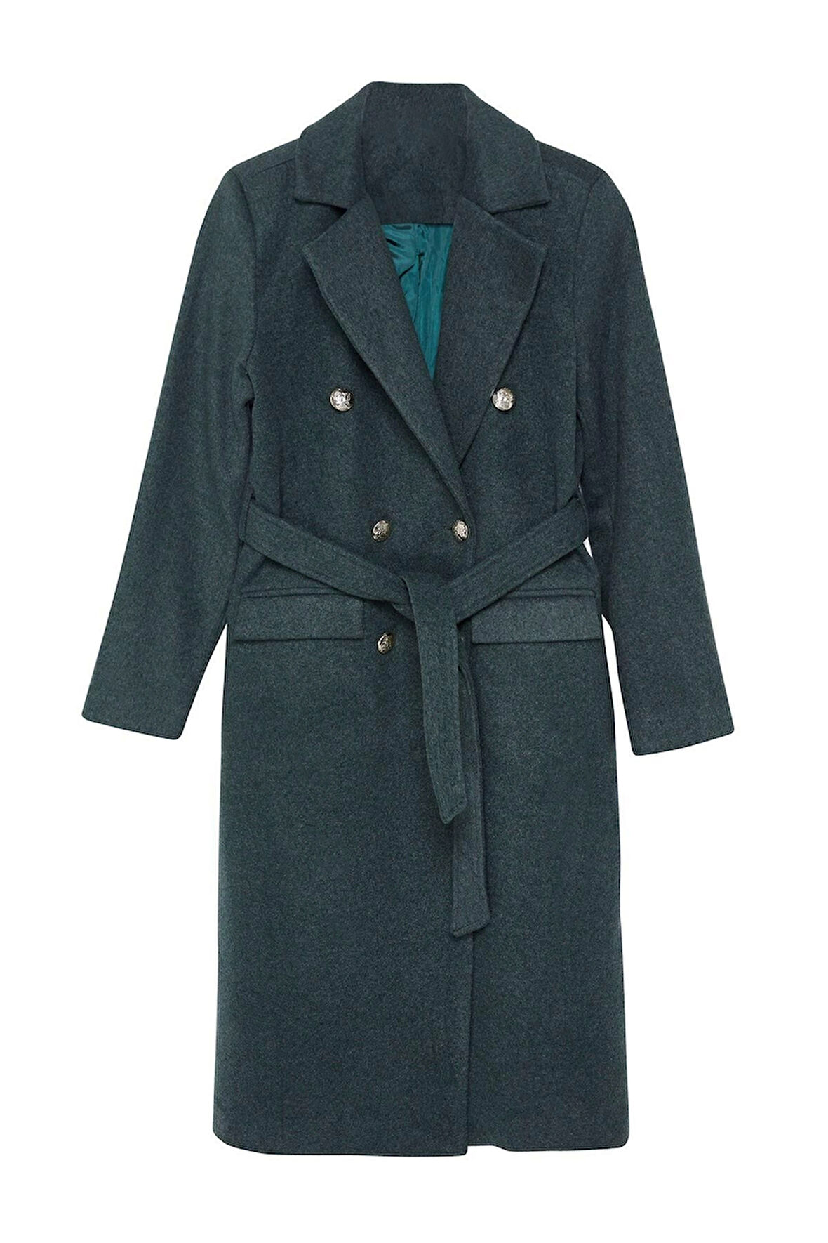 Kadın Moda Şık Fitted Ceket Yaka Uzun Düz Astarlı Fitted Kuşaklı Gold Düğmeli Uzun Yünlü Kaşe Kaban