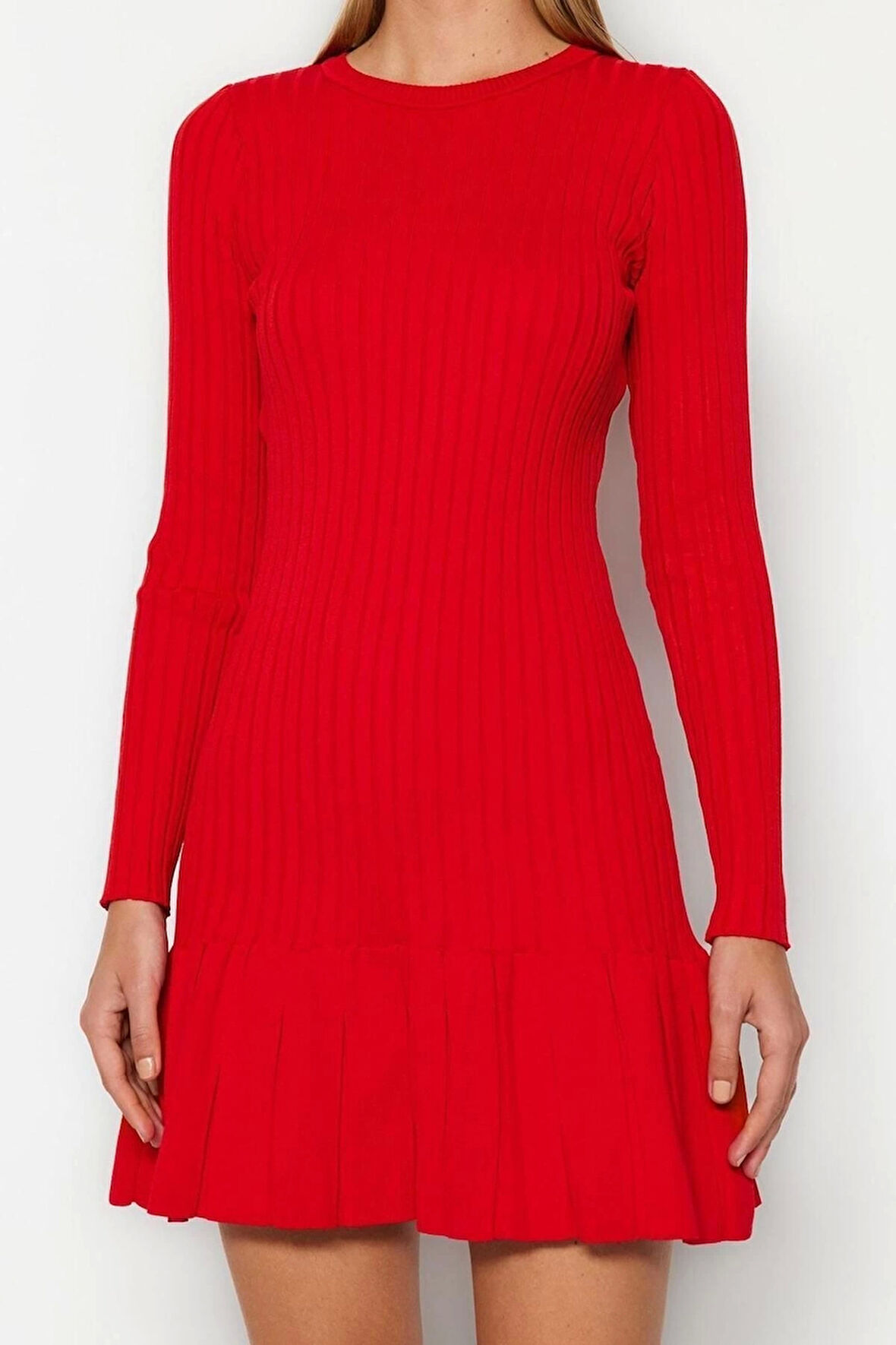 Yeni Slim Gündüz Gece Dolu İğne Triko Bisiklet Yaka Uzun Kol A-Line Mini Boy Elbise