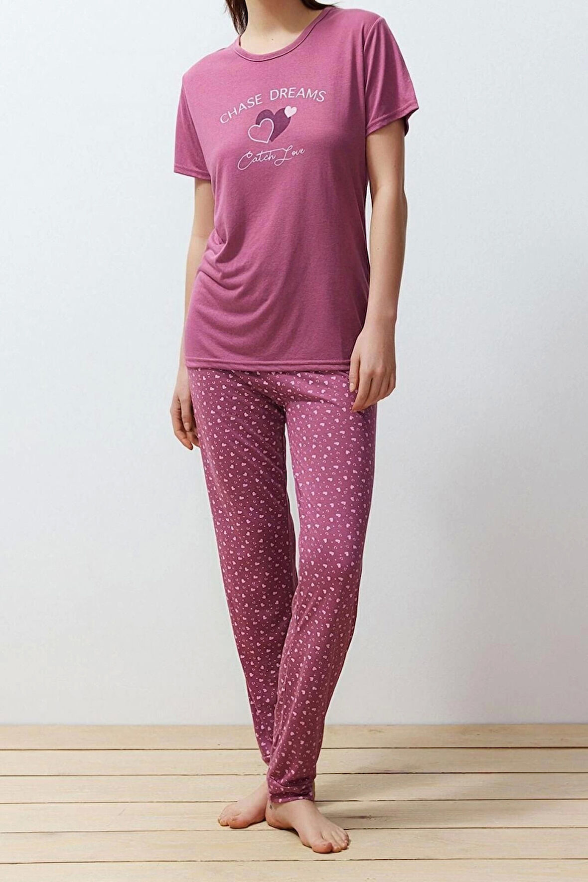 Kadın Polyester Bisiklet Yaka Kısa Kol Kalpli Örme Pijama Takımı