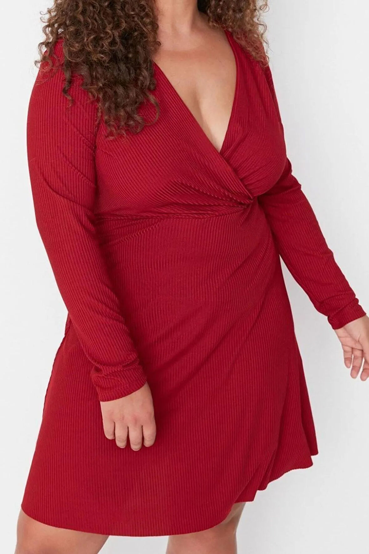 Yeni Fit Casual Günlük Kaşkorse Örme Kruvaze Uzun Kol Basic Mini Boy Büyük Beden Elbise