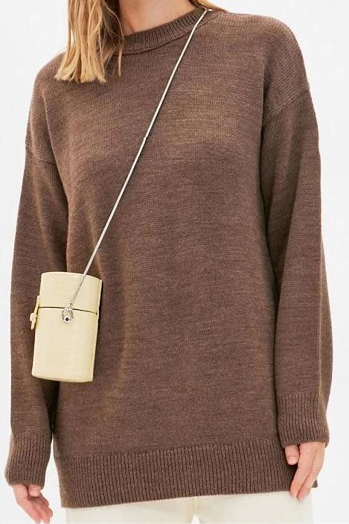 Kadın Tesettür Moda Şık Regular Bisiklet Yaka Uzun Kol Düz Dik Yaka Triko Kazak