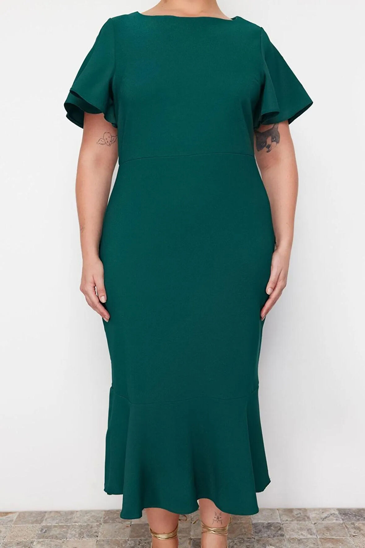 Yeni Fit Gündüz Gece Finike Dokuma Bisiklet Yaka Kısa Kol Bodycone Midi Boy Büyük Beden Elbise